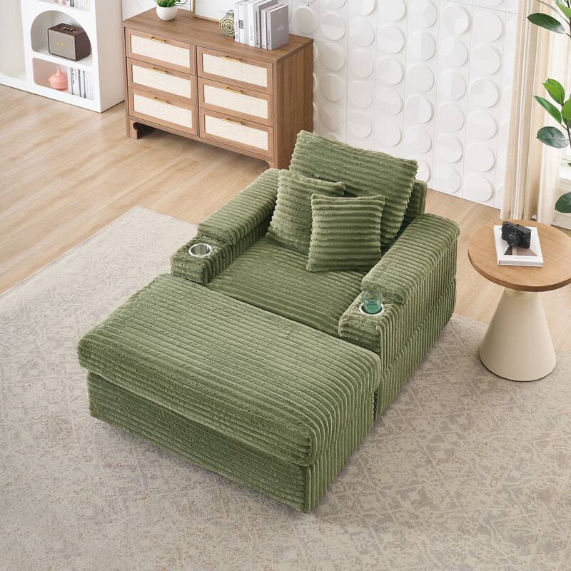 57 Inch Corduroy Single Sofa with Ottoman Sleeper Sofa Lounge Sofa - Green