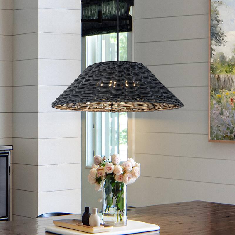 1-Light Black Rattan LED Chandelier Handwoven Straw Hat Pendant Light - 13.4"W x 5.2"H