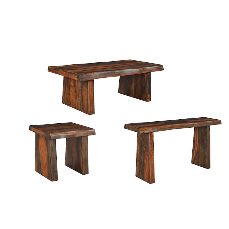 Avenue Live Edge Solid Sheesham Wood 3-Piece Living Room Table Set - Dark Walnut