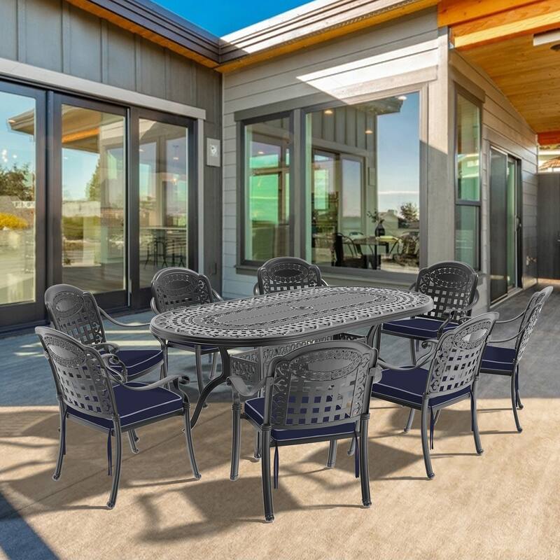 7/9-Piece Cast Aluminum Outdoor Dining Set with 82.87'' L X 42.13'' W Oval Table and Random Color Seat Cushions - Black(9-Piece Sets B)