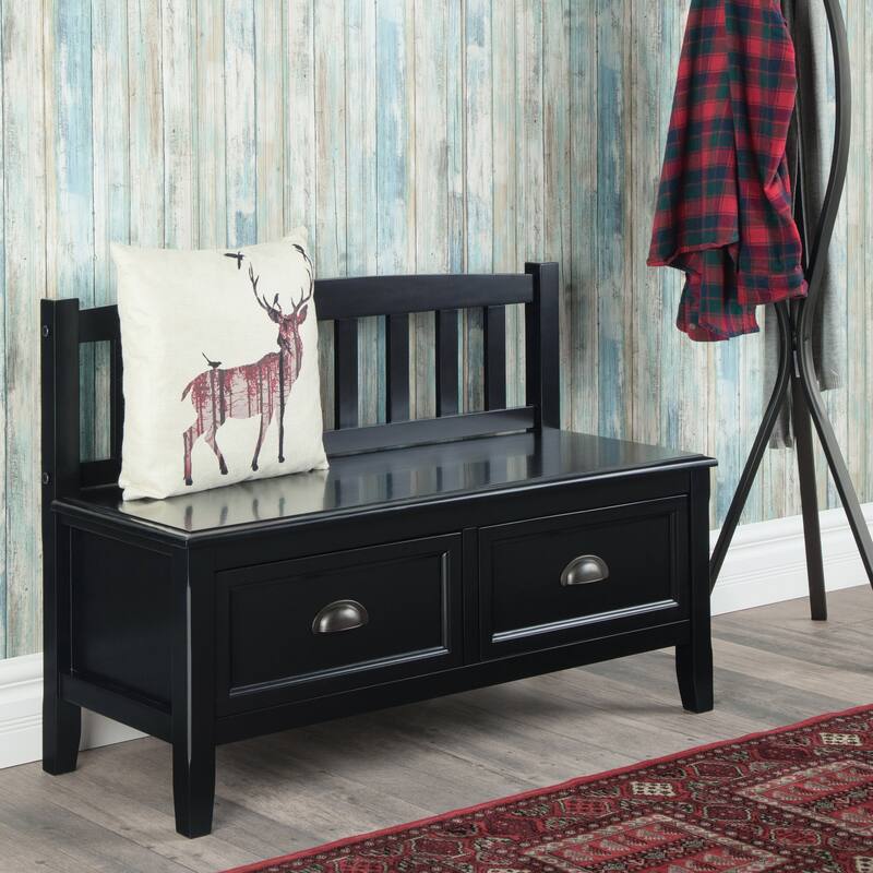 WYNDENHALL Portland SOLID WOOD 42 inch Wide Transitional Entryway Storage Bench with Drawers - 42 Inches wide - Black