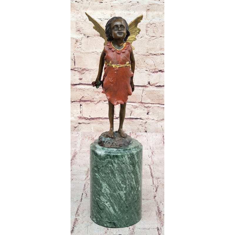 Hot Cast Bronze Young Fairy Girl Winged Angel Figure Sculpture On Green Marble Base