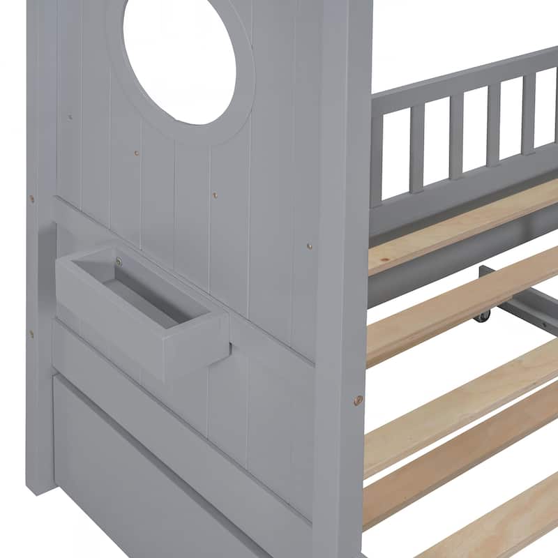 Wooden Full Size House Bed With Trundle, Modern Design for Kids with Storage Shlef