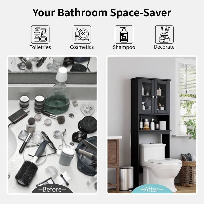 Over The Toilet Storage Cabinet, Glass Door - 8.5"D x 23.6"W x 65.4"H