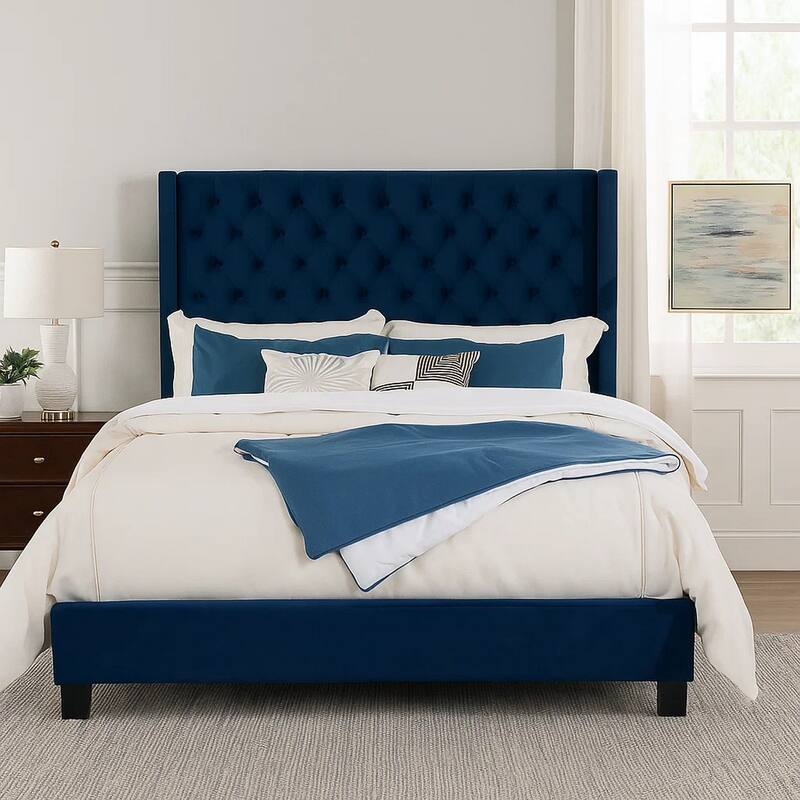 Hiu King Size Bed, Wingback Headboard, Navy Blue Velvet Like Upholstery