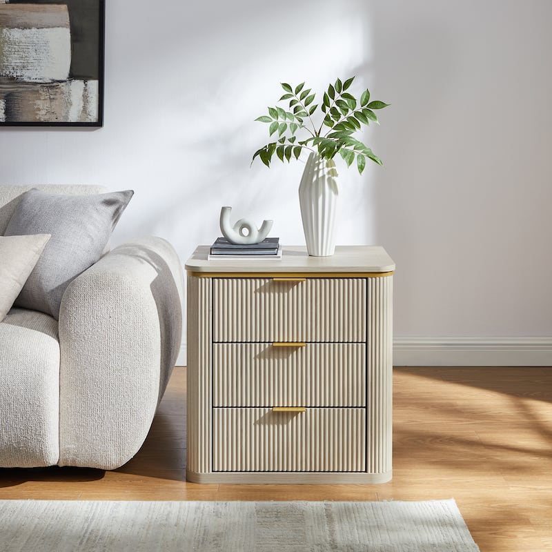 24" Mid Century Modern Fluted 3 Drawers Nightstand, Large End Table