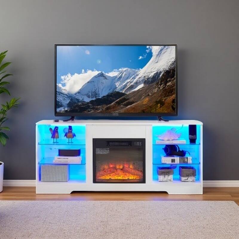 58'' TV Stand for TVs up to 62" with 3D Electric Fireplace, Glass Shelves, LED Lights and USB Charging Ports - White