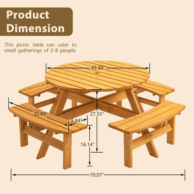 8 Person Wooden Picnic Table,Outdoor Round Picnic Table with 4 Builtin