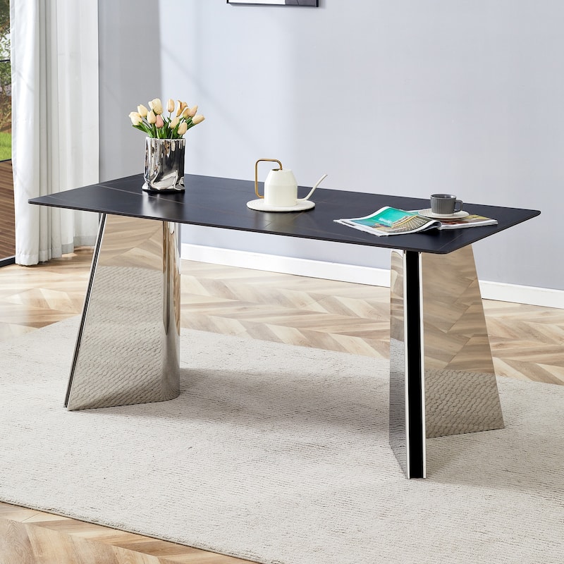 Dining Room Dining Table with Stainless Steel Butterfly Legs Office Table Accent Table Computer Table - Black,Silver