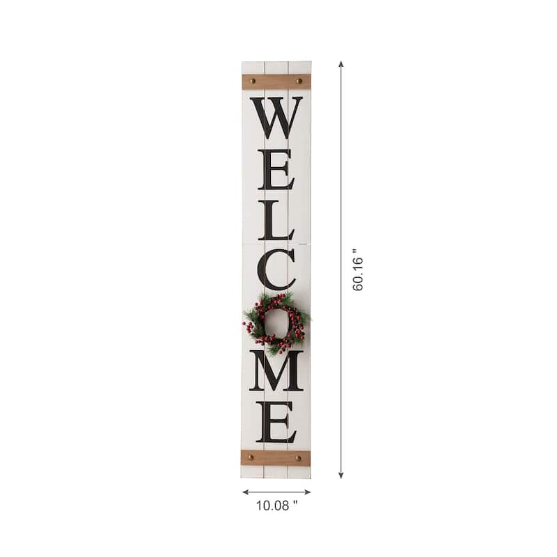 Glitzhome 60"H Wooden Welcome Porch Sign with 4 Floral Wreaths for Fall Halloween Thanksgiving Christmas Decoration