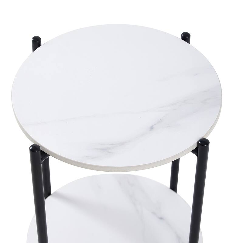 2-layer End Table with Whole Marble Tabletop, Round Coffee Table with Golden Metal Frame