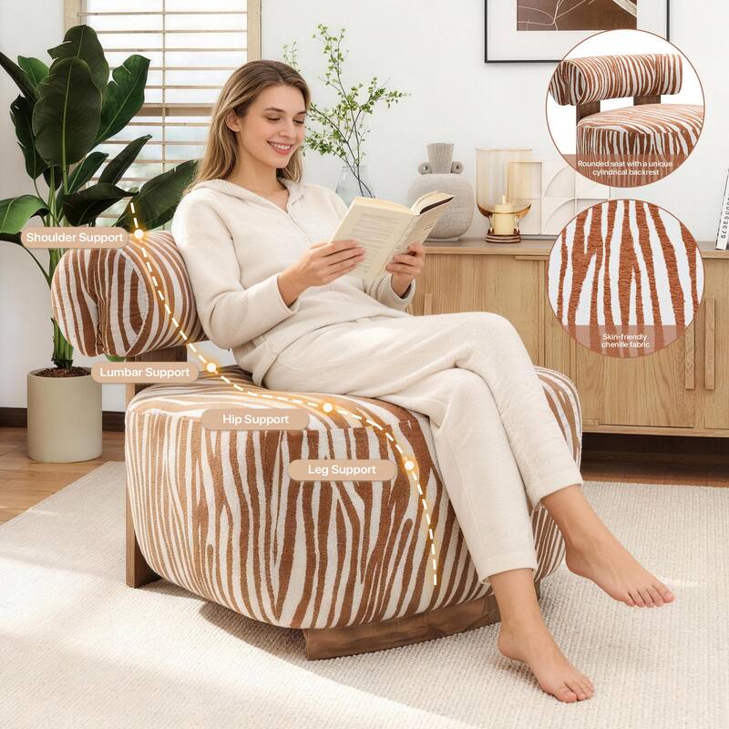 Rossetta Zebra-Striped Chenille Fabic Low Cylindrical Backrest Armchair with High-Quality Foam Cushion