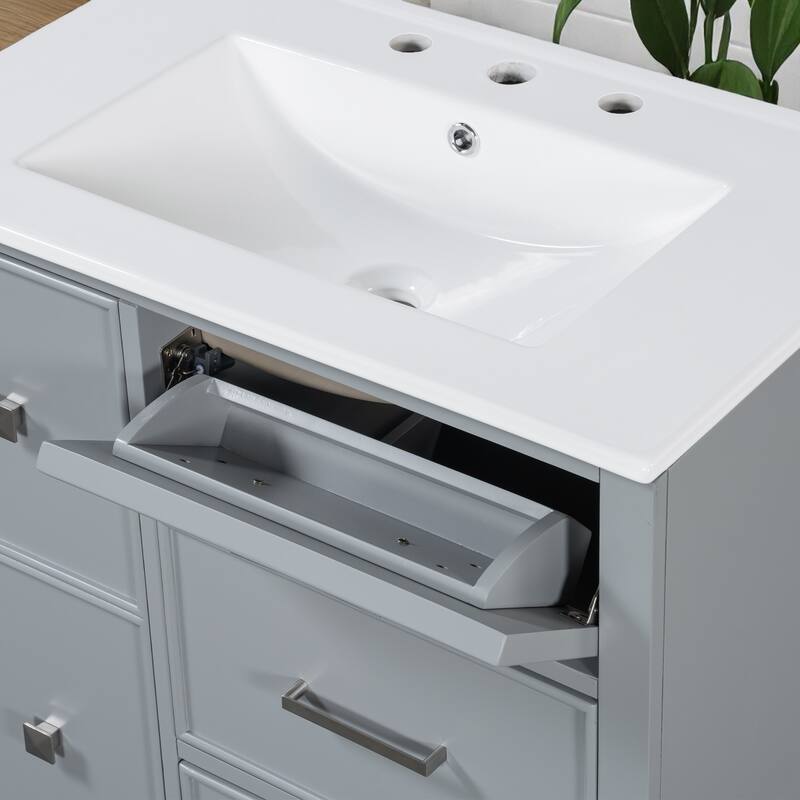 30" Bathroom Vanity with Sink, Freestanding Cabinet with Flip-Out Drawer & Double-Layer Storage, Solid Wood with Ceramic Basin