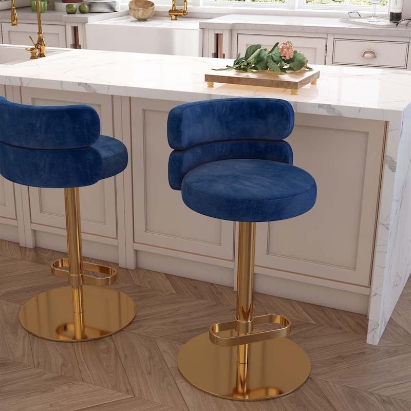 Modern Velvet Bar Stool with Height Adjustment and 360-Degree Swivel - Gold/NavyBlue