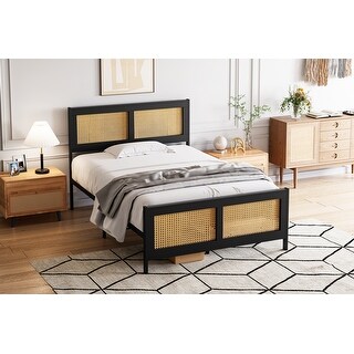 Black Rattan Platform Bed Frame with Rattan Headboard - Bed Bath ...