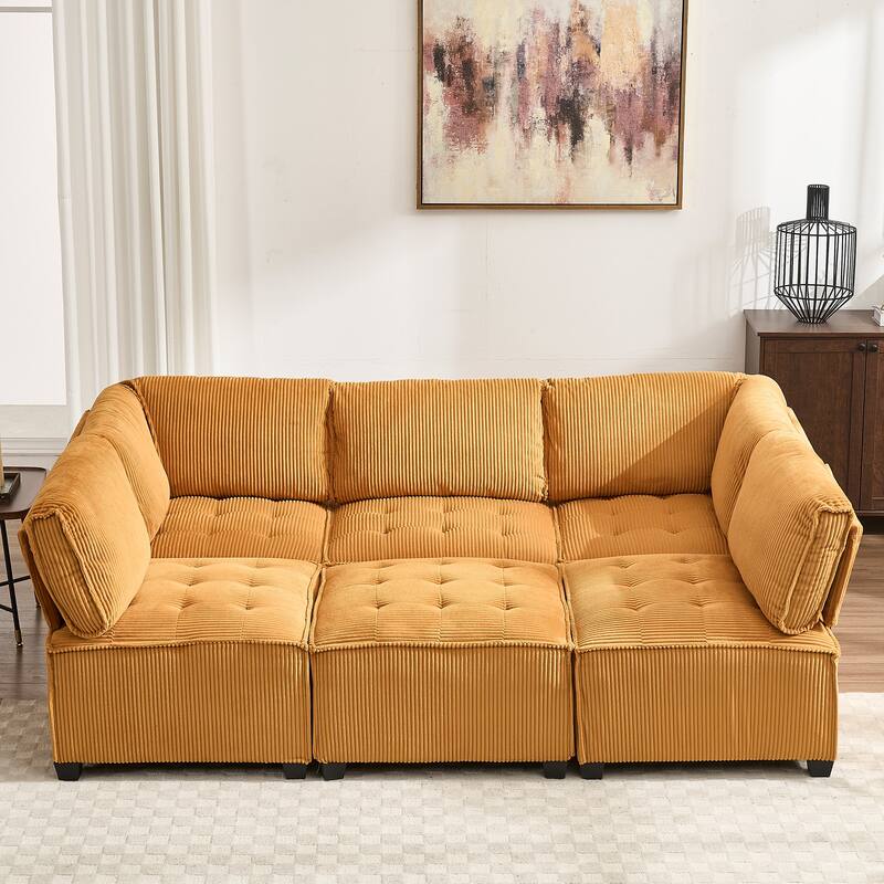 Ergonomic Lounge Modular Couch Corduroy Sectional Sofa with Deep Seat Ottoman Chaise and High-Rebound Thick Cushions - Mustard Yellow