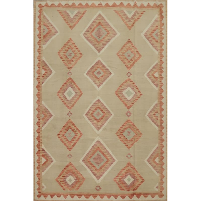 Hand Woven Oriental 100% Wool Carpet Southwestern Tribal Beige & Ivories Kilim Area Rug - 9' 8'' X 7' 11''