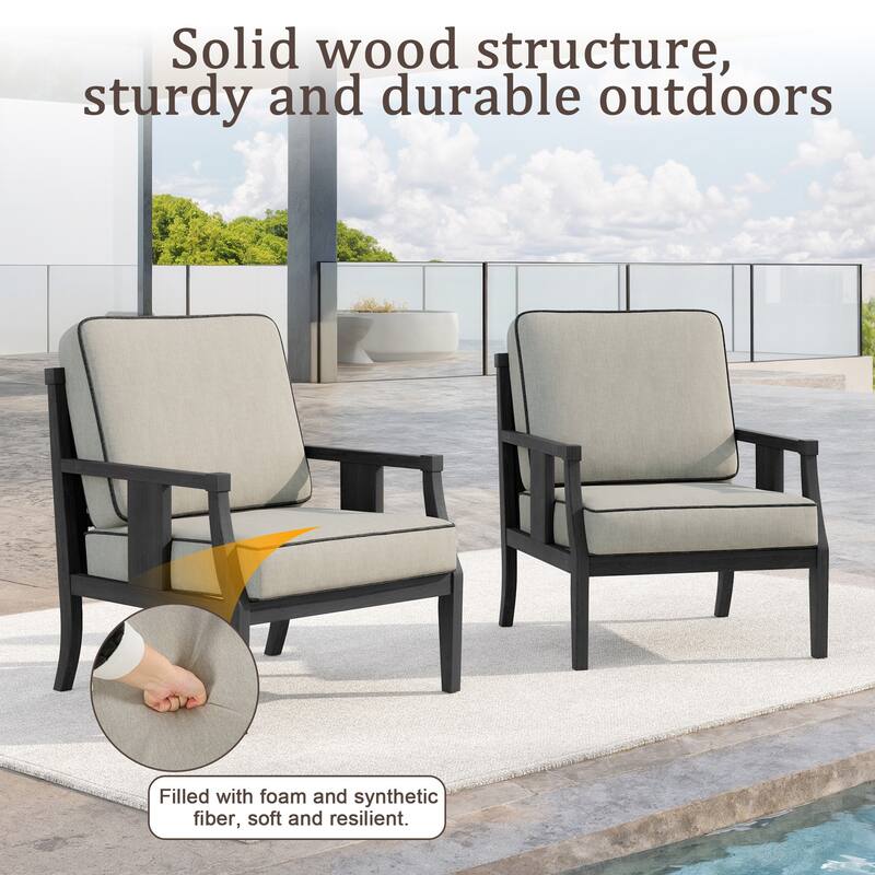 Set of 2 Outdoor Teak Wood Armchairs with Cushions, Patio Club Chairs