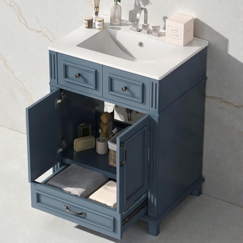 24" Solid Wood Frame Bathroom Vanity with Ceramic Sink and Soft-Close Doors