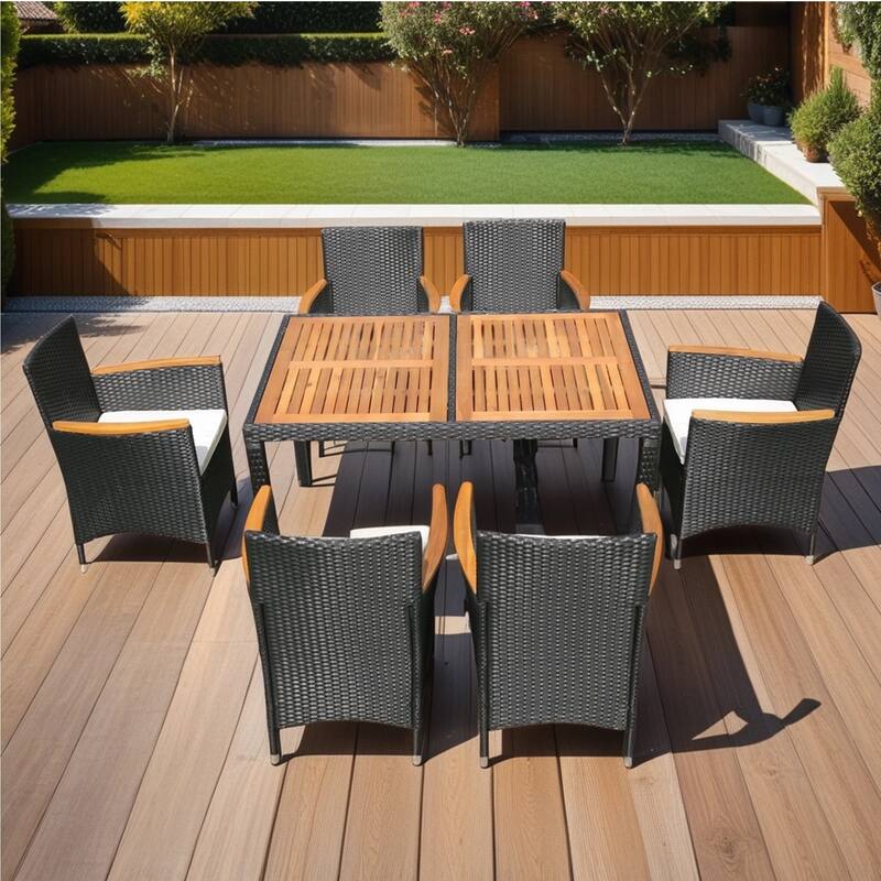7 Pc Outdoor Patio Wicker Dining Set w/Acacia Wood Top Conversation Set for Lawn, Garden, Backyard