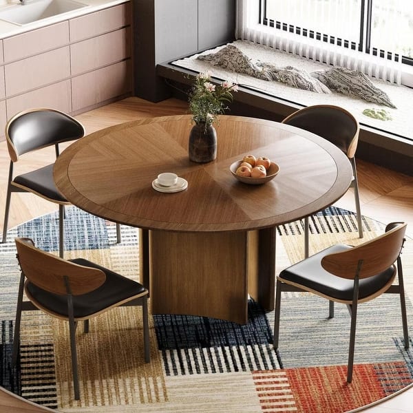 slide 2 of 7, 59.05"W Round Wooden Dining Table Modern Mid-Century Style Radial Spliced Texture - Brown