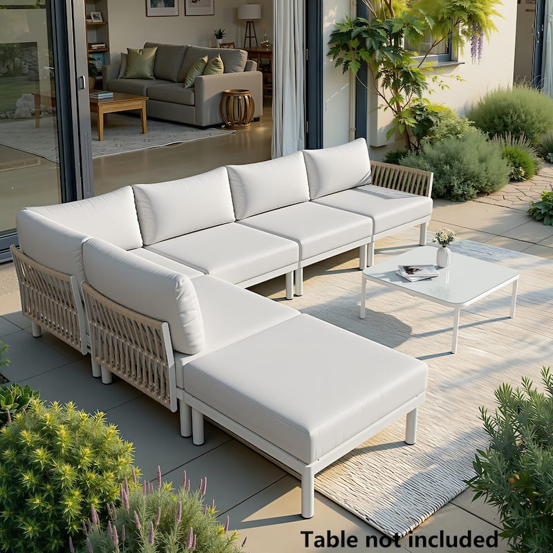 Outdoor Modular All-Weather Aluminum Cushioned Sectional Sofa Set with Deep Seating Patio Conversation Set - Beige - 6PC