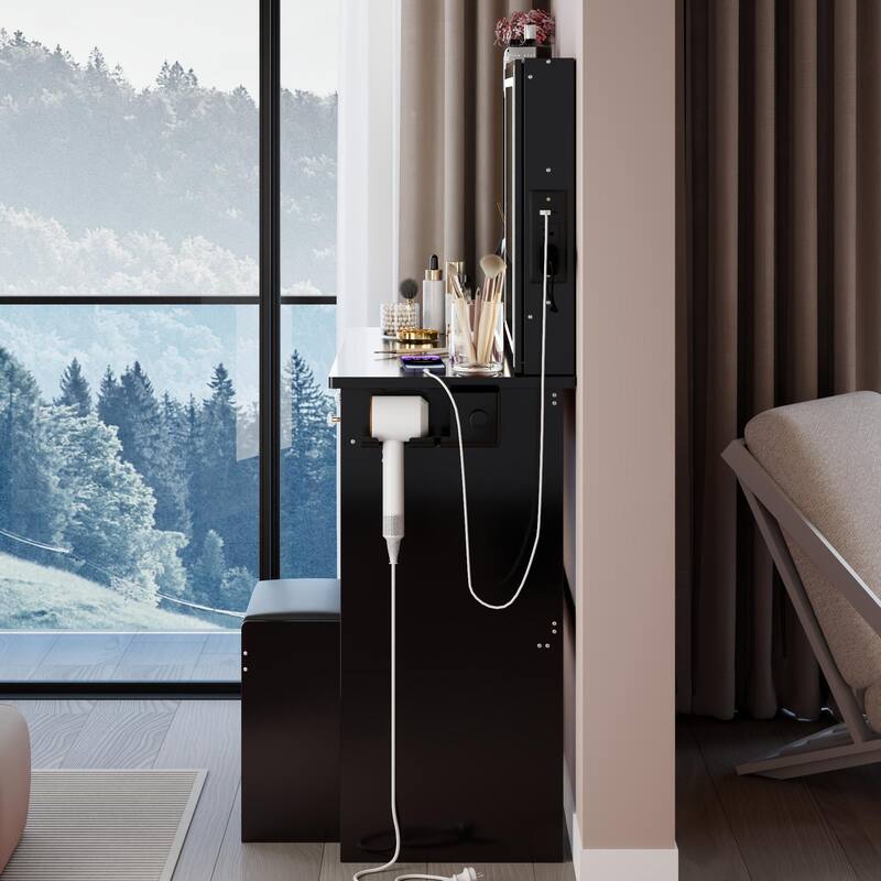 37" Middle Size Left Drawer Desktop Vanity Table + Cushioned Stool Dresser Set, Large Touch Control LED Sliding Mirror