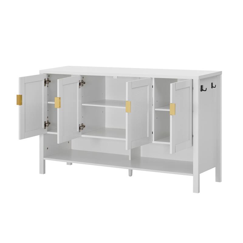 4-Door Geometric Storage Sideboard with Dual Hooks, Adjustable Shelves & Open Base Shelf by Harper&Bright Designs