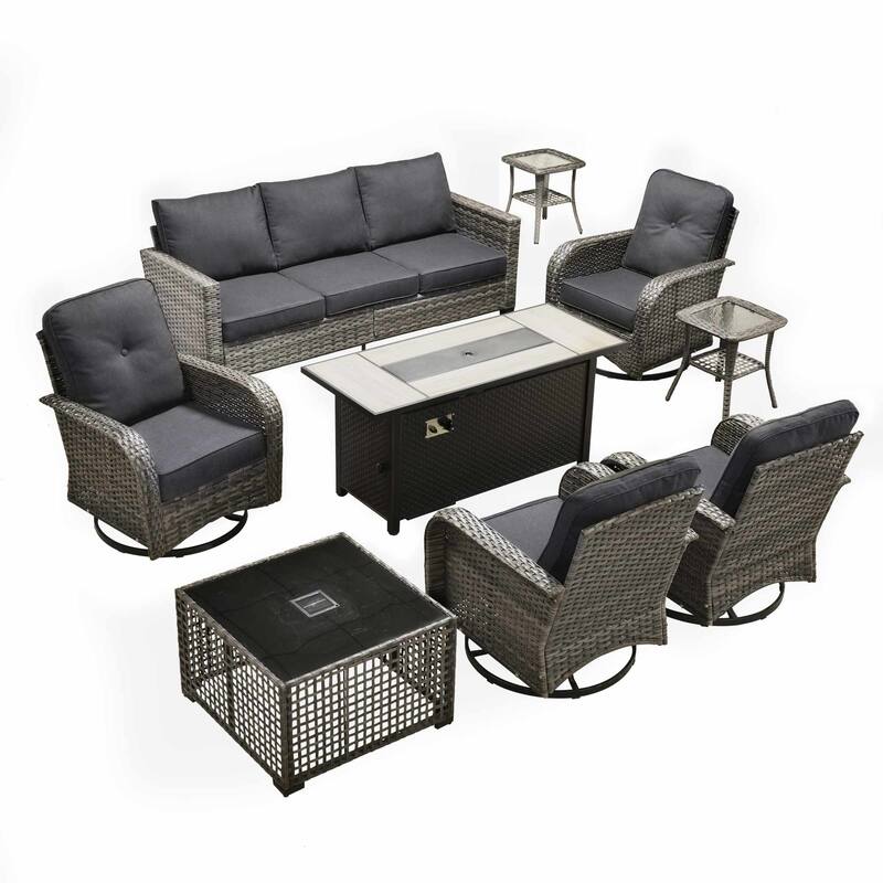 OVIOS 9-Piece Outdoor Wicker Conversation Set with Fire Pit