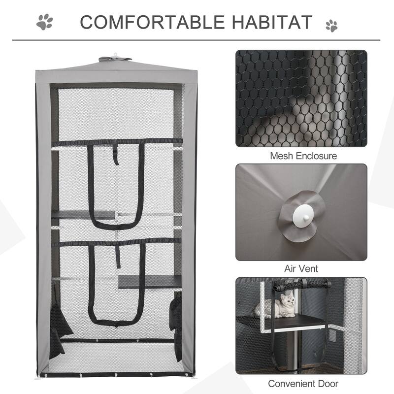 Grey-White-Black Metal Cat House with 3 Platforms and Outdoor Stability