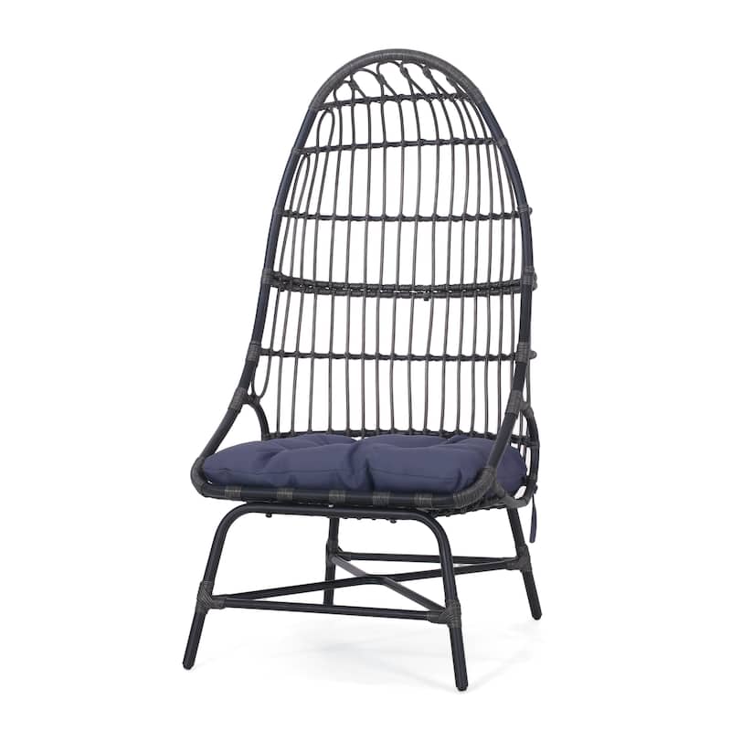 Elena Outdoor Chair, Basket Shape, Gray Fabric, Black PE Rattan, Iron