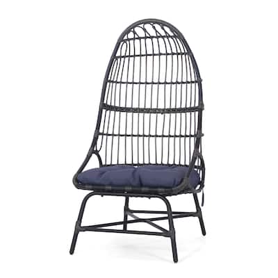 Elena Outdoor Chair, Basket Shape, Gray Fabric, Black PE Rattan, Iron