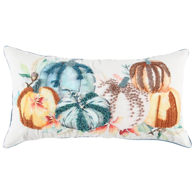 HomeRoots 14" X 14" Blue and White Thanksgiving Cotton Pillow With Embroidery Edges