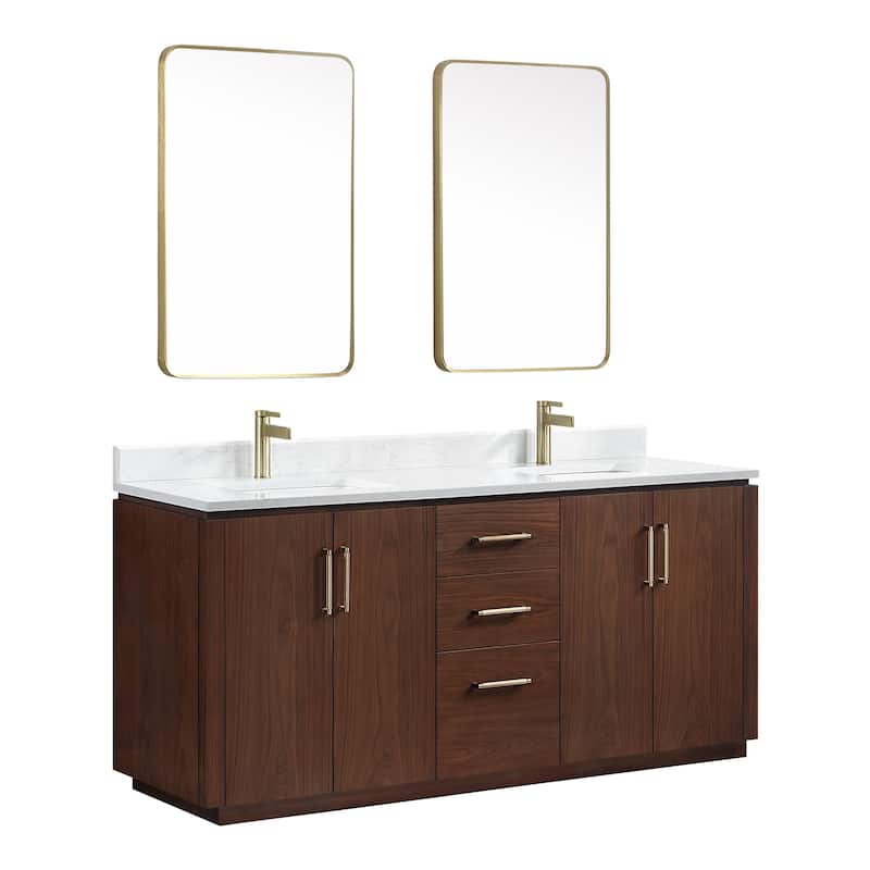 San Double Bath Vanity with Composite Stone Top and Mirror - 72in. - Natural Walnut