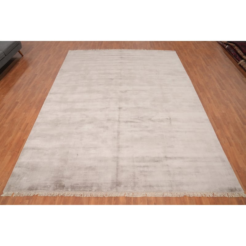 Hand Knotted Oriental Viscose Silk Carpet Modern Modern Beige & Ivories Abstract Area Rug - 12' 10'' X 9' 10''