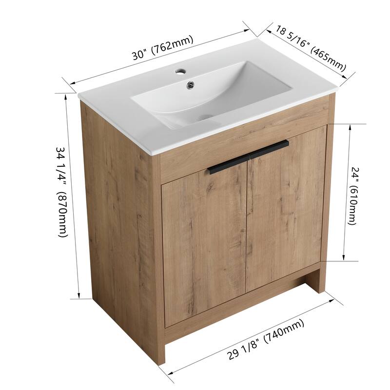 Freestanding Bathroom Vanity with Ceramic Sink, Adjustable Shelf, Metal Handles, Soft Closing Hinges - 30in L Plywood