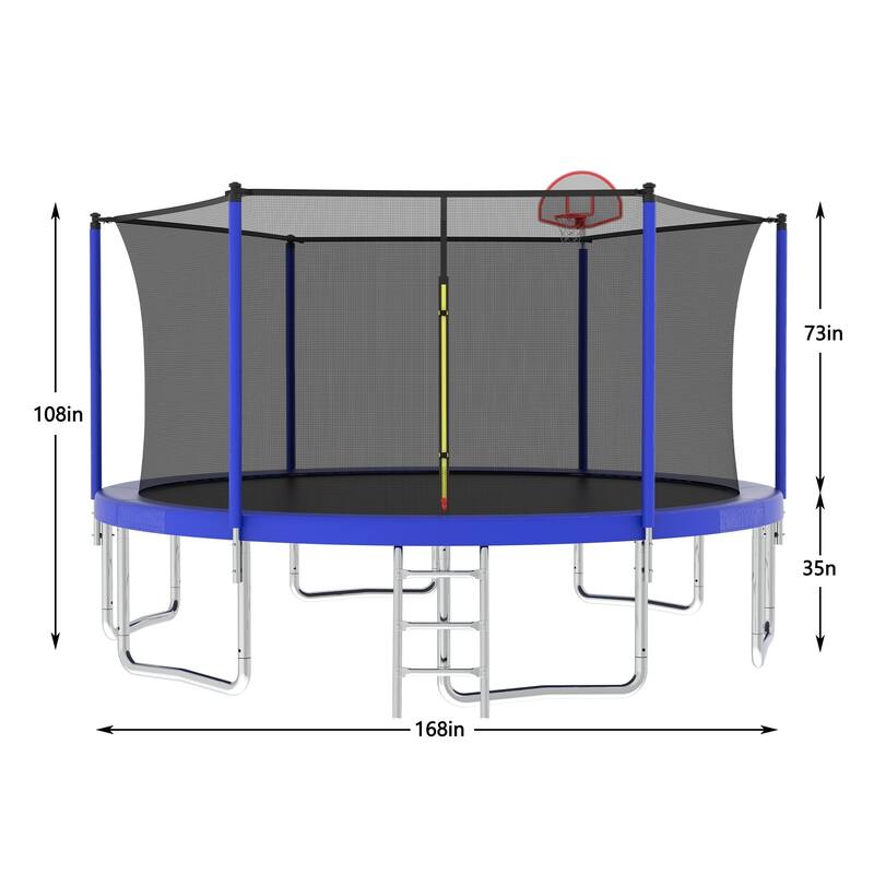 Outdoor Kids Trampoline with Basketball Hoop and Ladder, with Safety Enclosure for Backyard Fun - Blue - 14FT