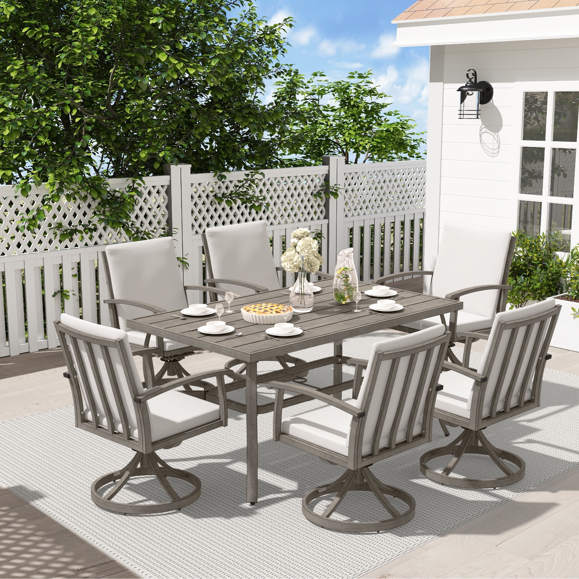 EGEIROS LIFE AluLux 7-Piece Aluminum Patio Dining Set with 6 Swivel Dining Chairs and Washable Cushions