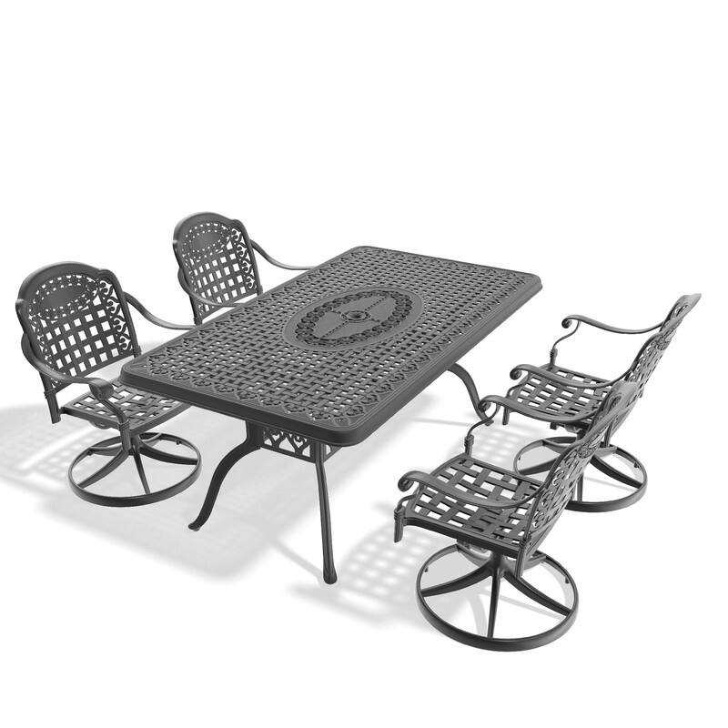 5-Piece Aluminum Rectangular Outdoor Patio Dining Set, 4 Cushioned Swivel Chairs, Table, All-Weather Frames