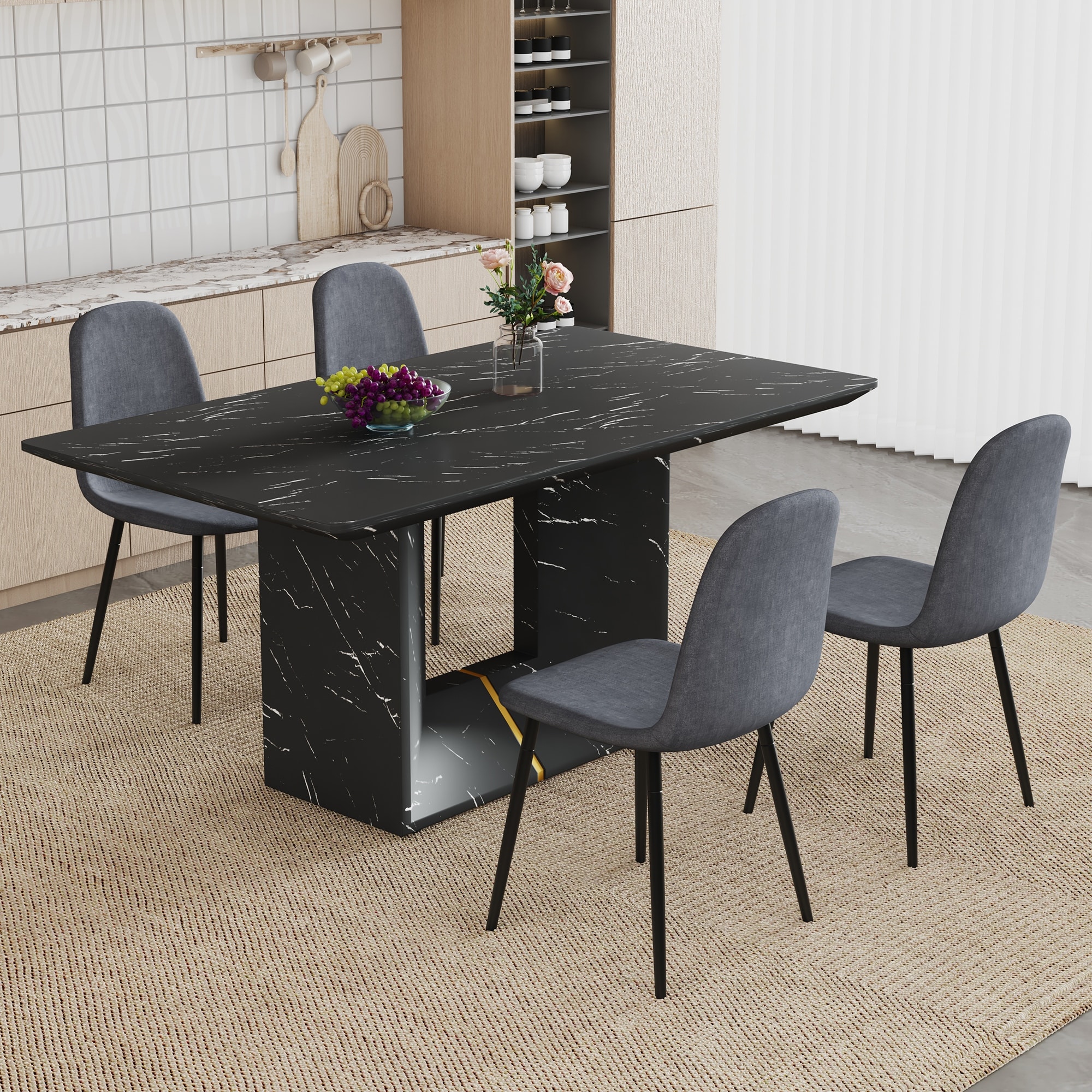 Table And Chair Set Black Marble Pattern MDF Dining Table Set 63"x35.4" With 4 Dark Gray Chairs