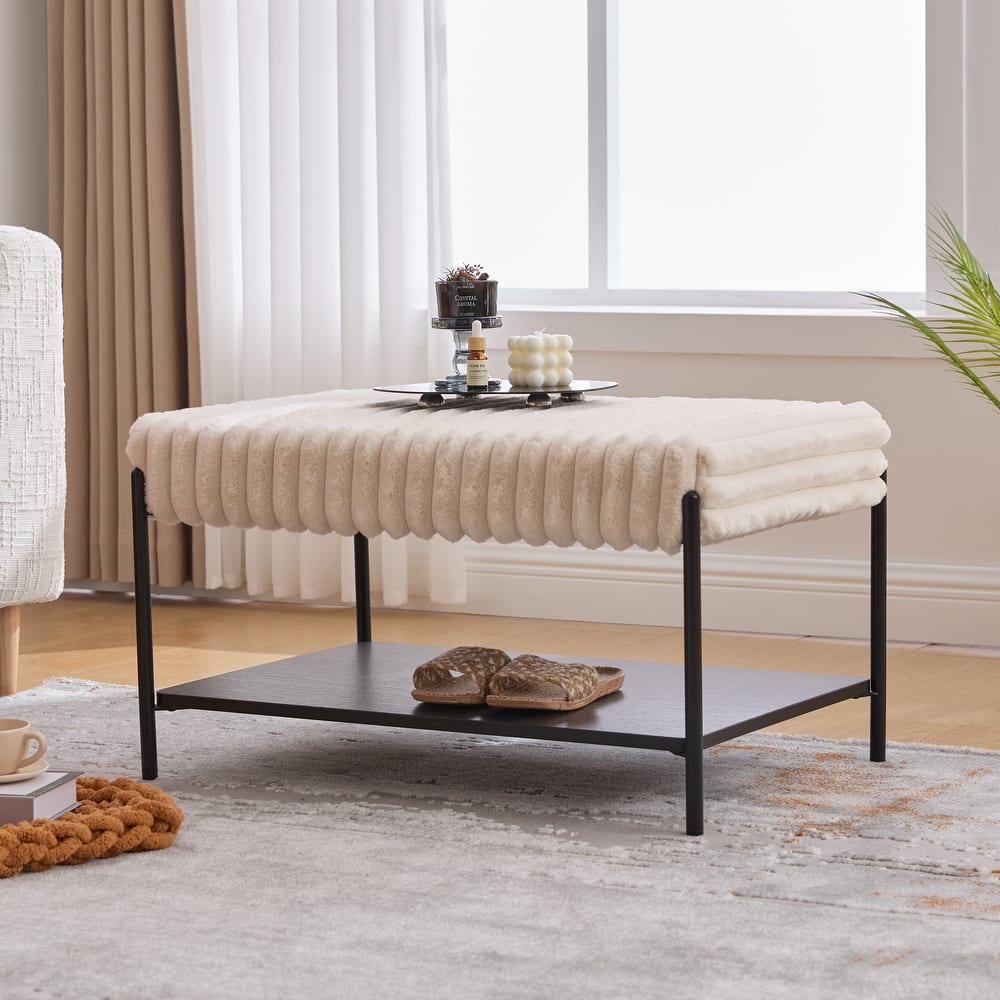 30.7"W Modern Ottoman Coffee Table,Upholstered Bench Footrest with Wood Storage Shelf