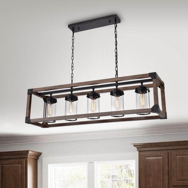 Daniela 5 light Antique Black Metal and Natural Wood Glass