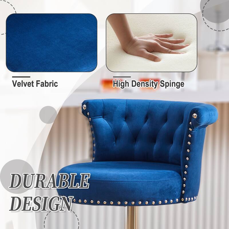 Adjustable Velvet Swivel Bar Stools with Metal Leg (Set of 2)