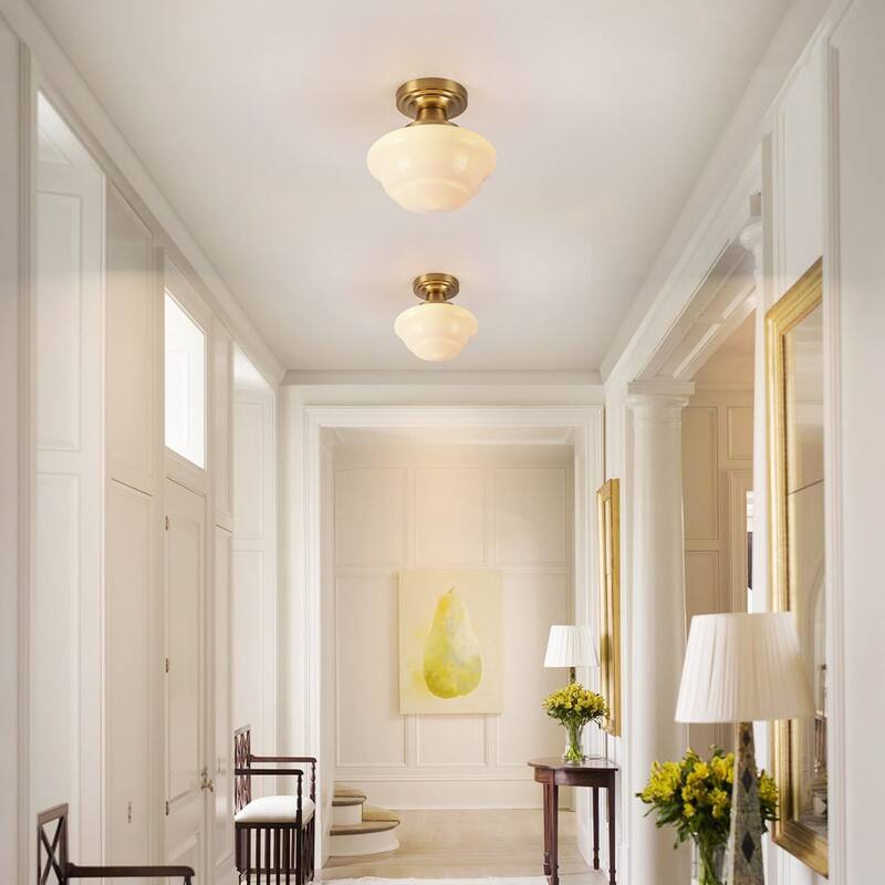 8.7" 1-Light Vintage Brass/Black Milk Glass Flush Mount Ceiling Light for Hallway