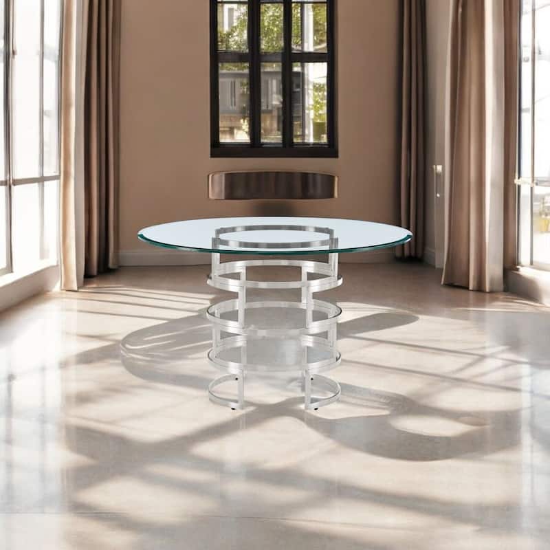 48" Clear And Silver Glass And Stainless Steel Pedestal Base Round Top Dining Table - Silver