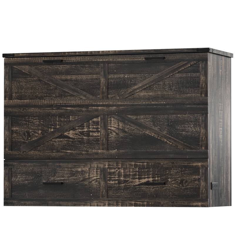 Queen Murphy Bed with Charging Station,Farmhouse Murphy Cabinet Bed with Large Storage Drawer,Hideaway Foldable Platform Bed