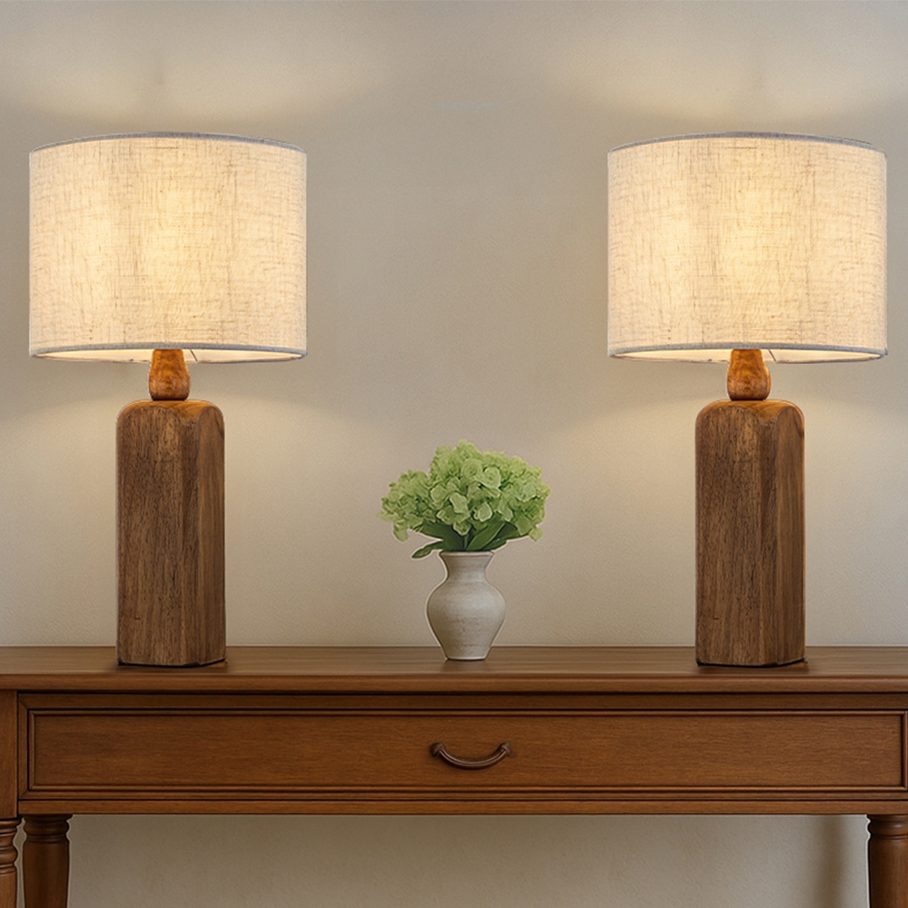 Farmhouse Traditional Natural Brown Solid Wood Base Table Lamp with ...