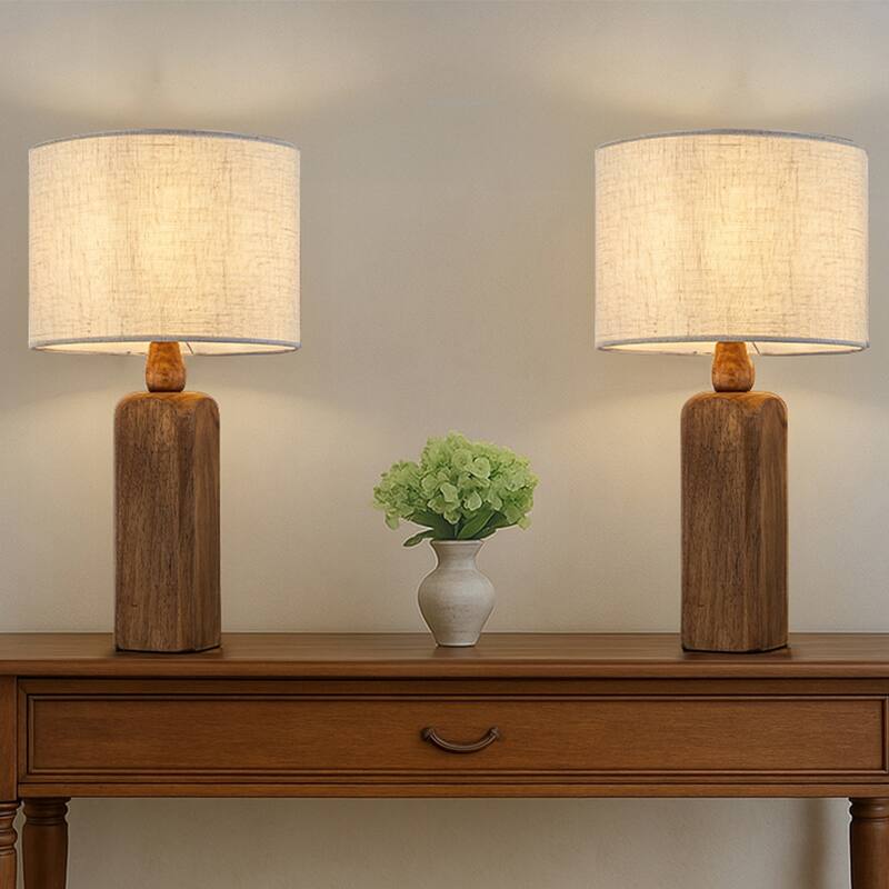 Farmhouse Traditional Natural Brown Solid Wood Base Table Lamp with Beige Fabric Shade for Bedroom Living Room（Set of 2) - W12''
