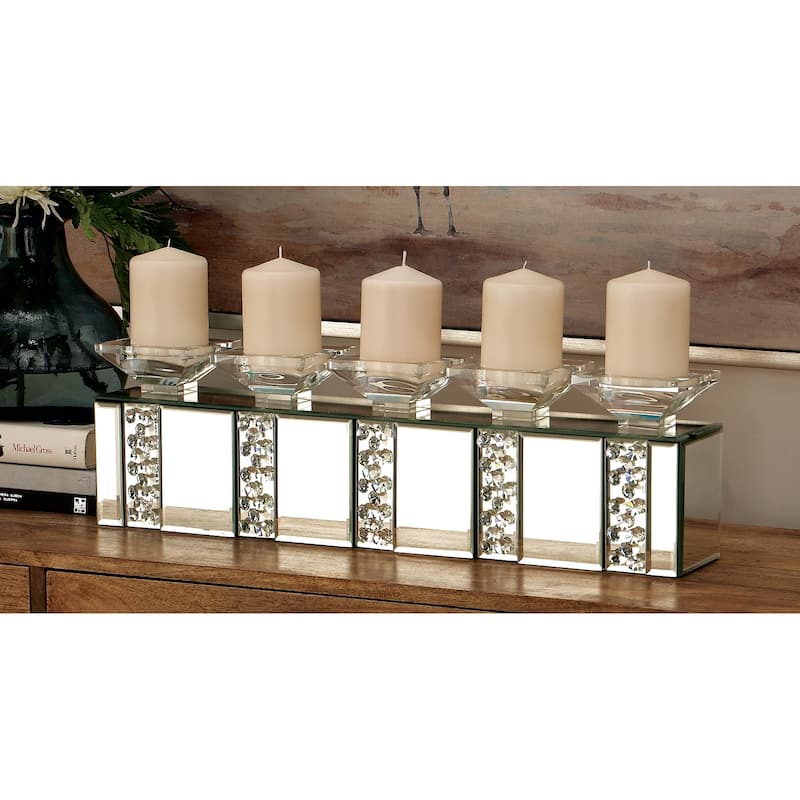 Glass Pillar Candle Holder with Floating Crystals - 5"W x 24"L x 7"H - Silver - 5 Plate Box Candelabra