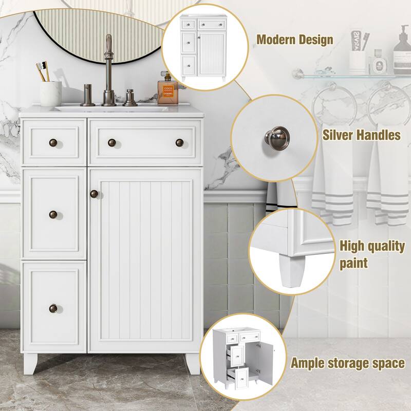 24-Inch Bathroom Vanity Cabinet with Ceramic Sink, 2 Drawers, 1 Door